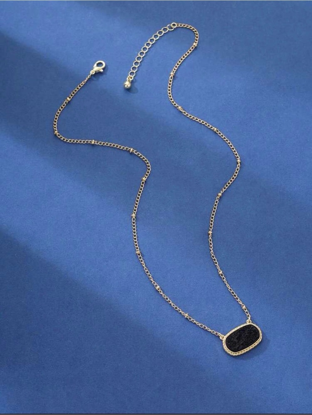 Silver Chain Necklace with Black sparkling Pendant - Chic Everyday Layering